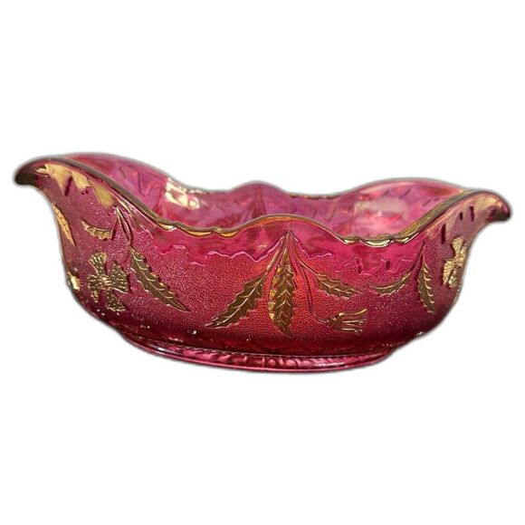 VINTAGE Delaware US GLASS Pink Rose Stain Fruit BANANA Bowl Gold Accent ANTIQUE - Picture 1 of 16